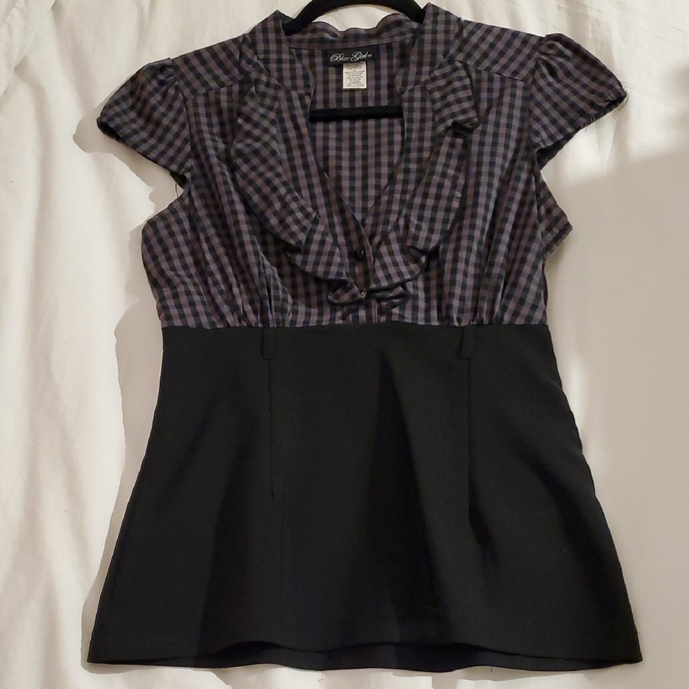Super Cute! Plaid Ruffle Blouse - Black and Grey. Side Zipper